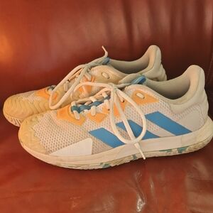 Adidas White and Blue Solematch Control Tennis Shoes